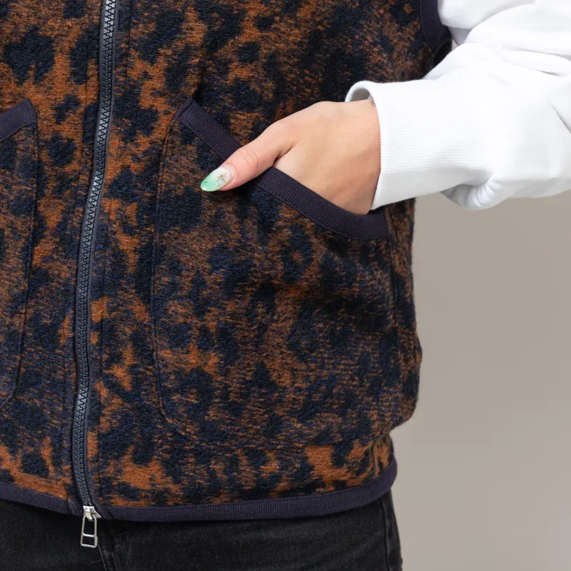 Universal Works Womens Zip Waistcoat Dark Navy Brown Night Leopard-8