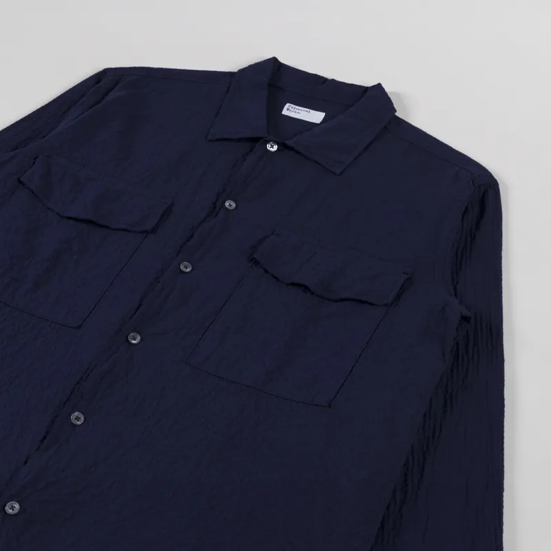 Universal Works Attendant Shirt Navy Arten Seersucker-2