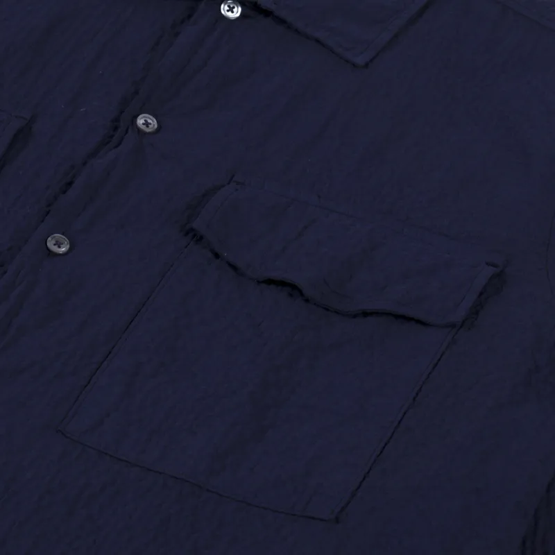 Universal Works Attendant Shirt Navy Arten Seersucker-4