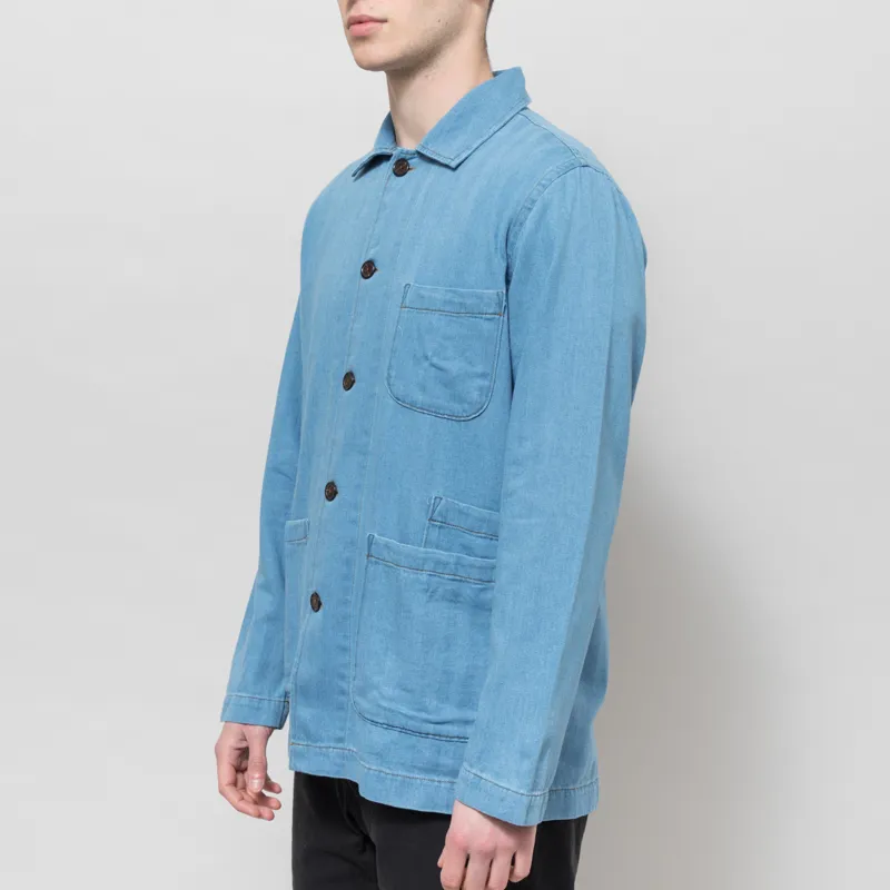 Universal Works Bakers Overshirt Washed Indigo Recycled Herringbone-1