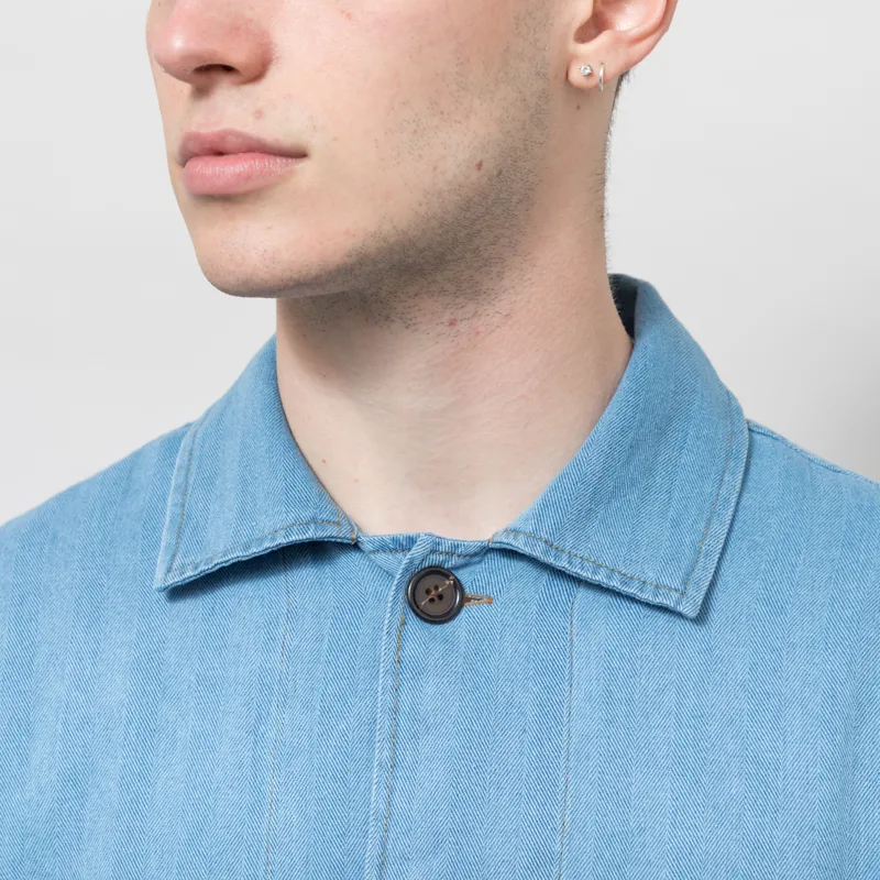 Universal Works Bakers Overshirt Washed Indigo Recycled Herringbone-3