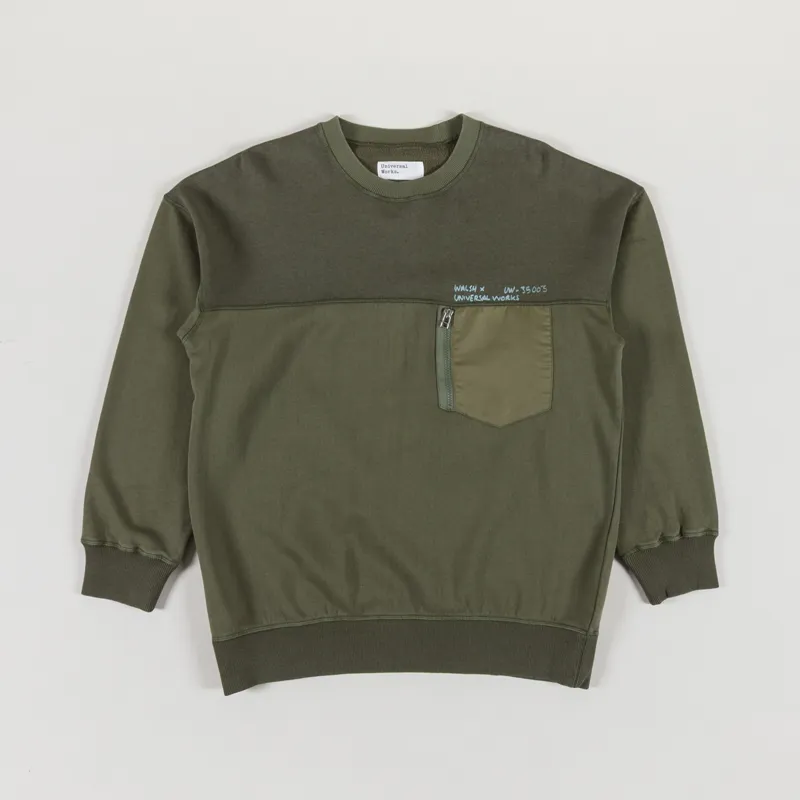 Universal Works x Walsh Panelled Loose Sweatshirt Olive Brush Back Sweat