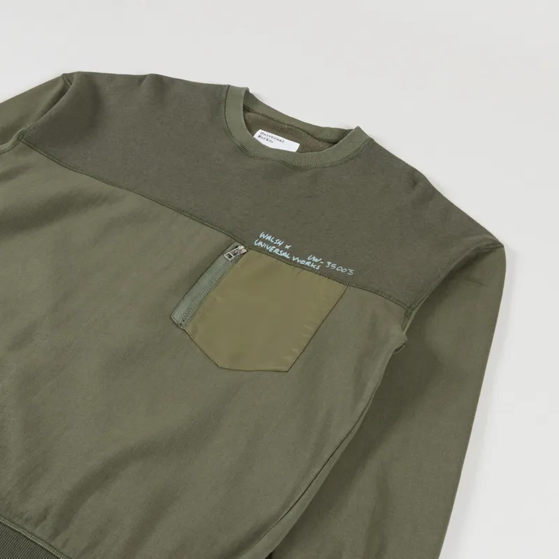 Universal Works x Walsh Panelled Loose Sweatshirt Olive Brush Back Sweat-2