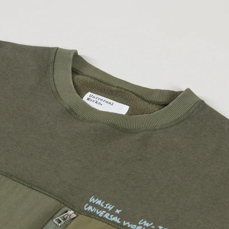 Universal Works x Walsh Panelled Loose Sweatshirt Olive Brush Back Sweat-4