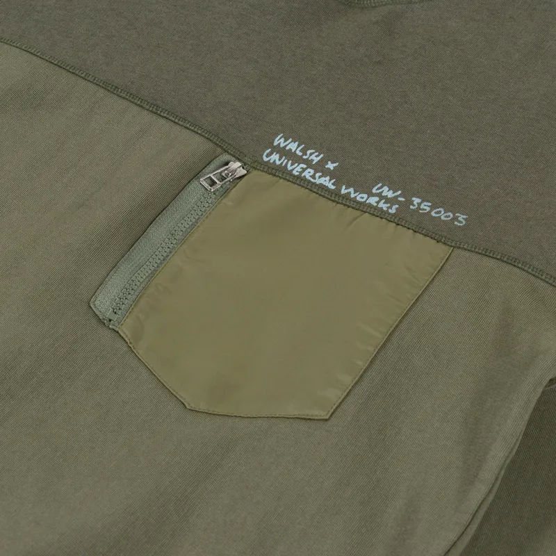 Universal Works x Walsh Panelled Loose Sweatshirt Olive Brush Back Sweat-5