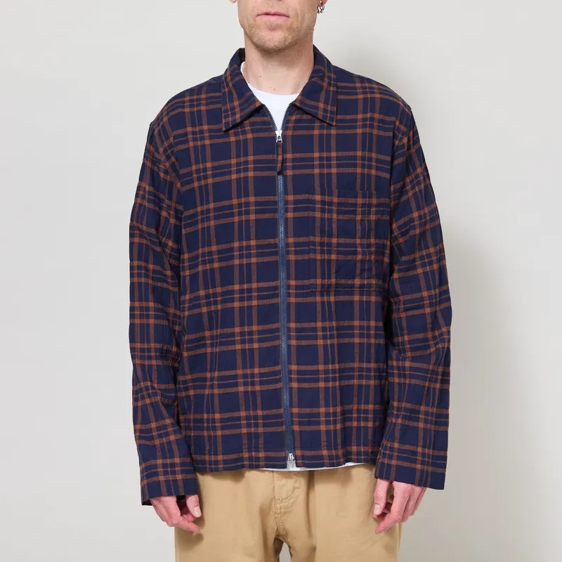Universal Works Zip Shirt Navy Brown Young Check