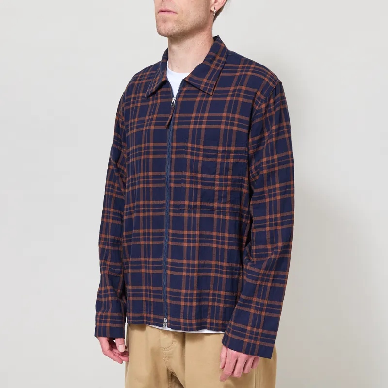 Universal Works Zip Shirt Navy Brown Young Check-1