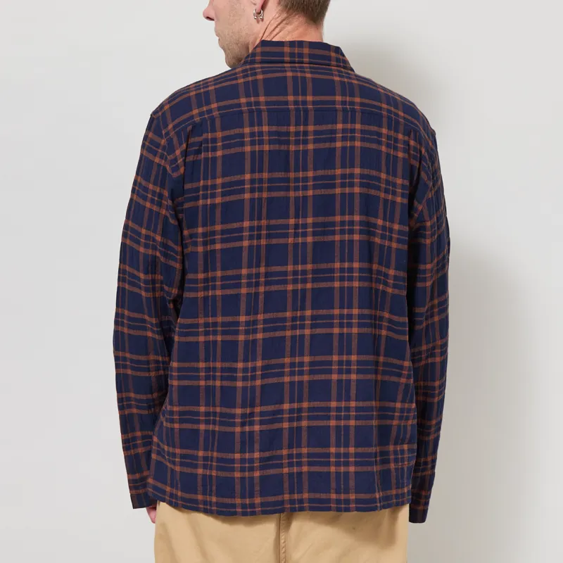 Universal Works Zip Shirt Navy Brown Young Check-2