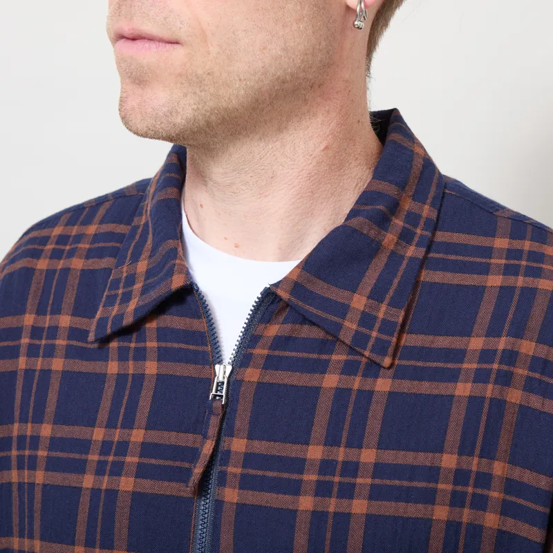 Universal Works Zip Shirt Navy Brown Young Check-3