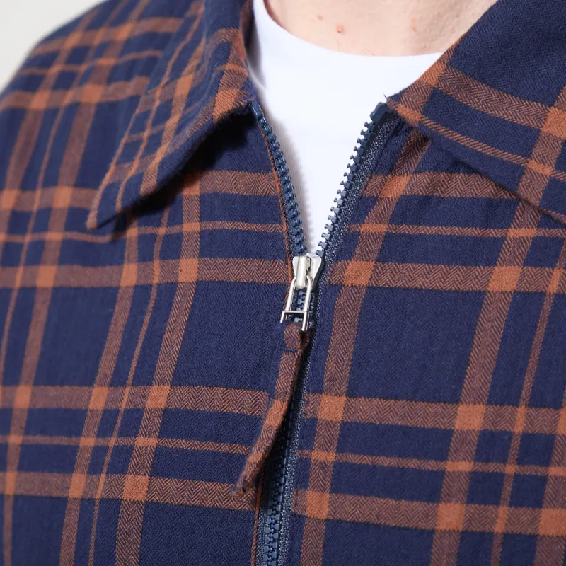 Universal Works Zip Shirt Navy Brown Young Check-4
