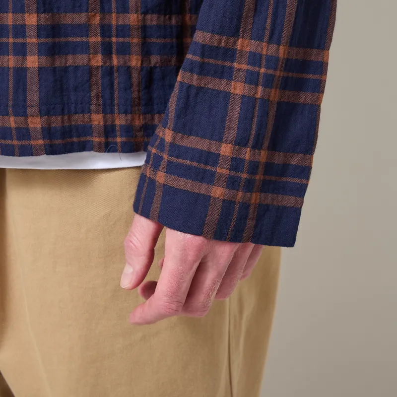 Universal Works Zip Shirt Navy Brown Young Check-7