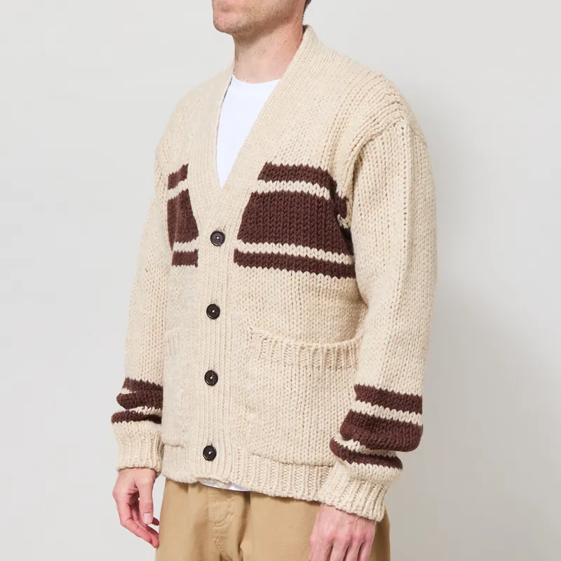 Universal Works Langdale Cardigan Ecru Chunky Knit Stripe-1