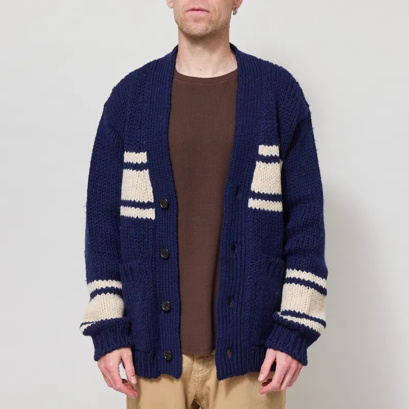 Universal Works Langdale Cardigan Navy Chunky Knit Stripe-1