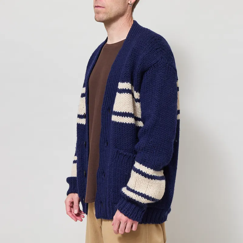 Universal Works Langdale Cardigan Navy Chunky Knit Stripe-2