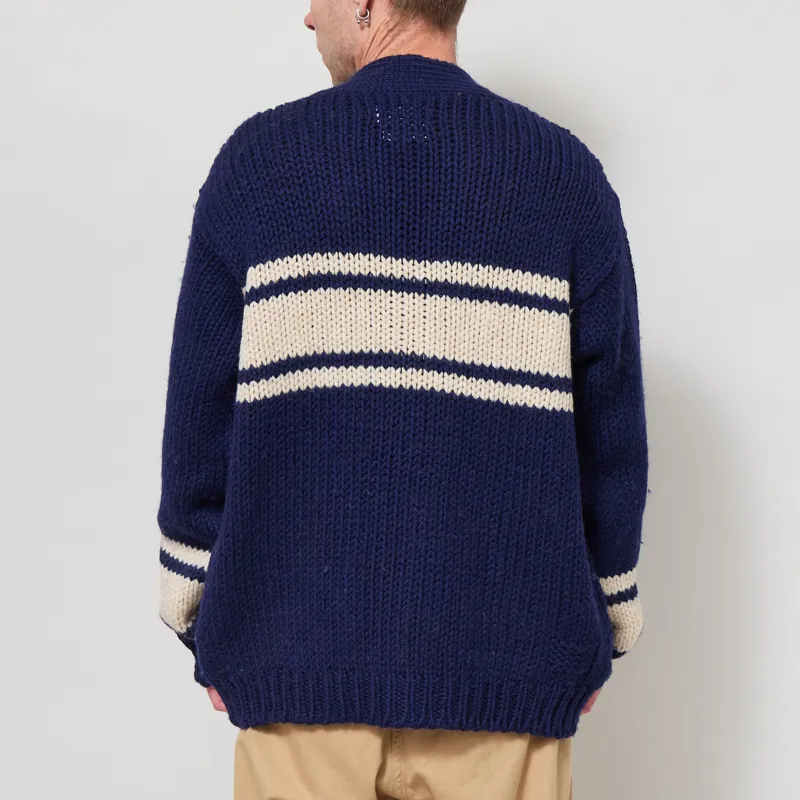 Universal Works Langdale Cardigan Navy Chunky Knit Stripe-3