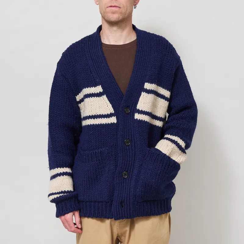 Universal Works Langdale Cardigan Navy Chunky Knit Stripe