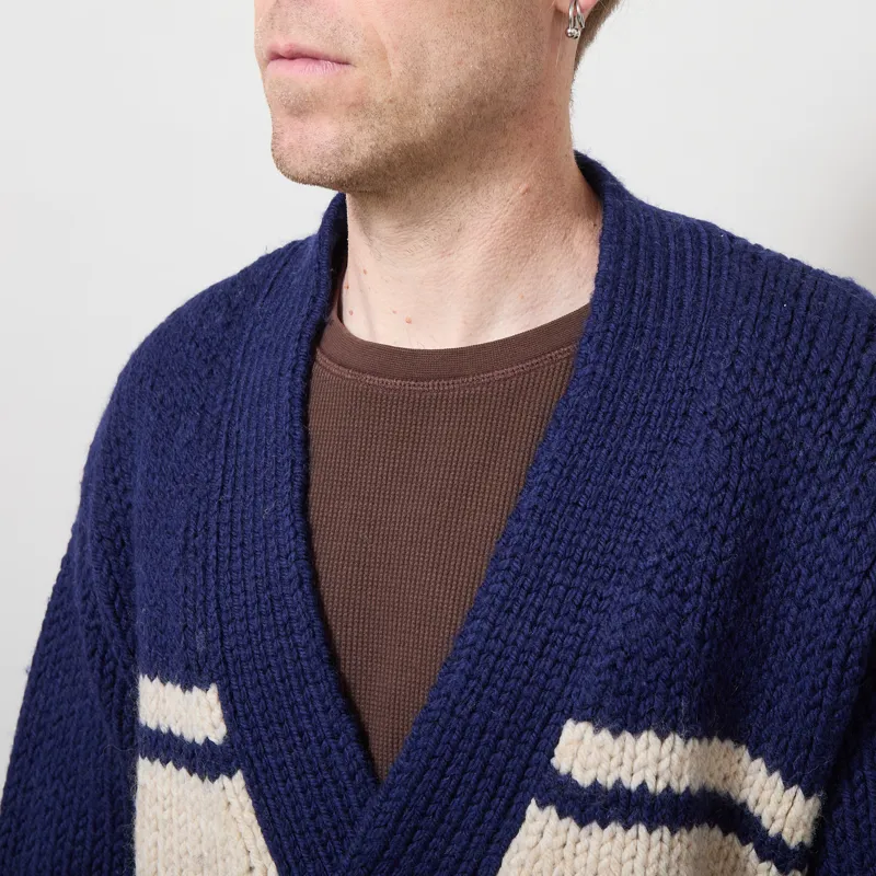 Universal Works Langdale Cardigan Navy Chunky Knit Stripe-4