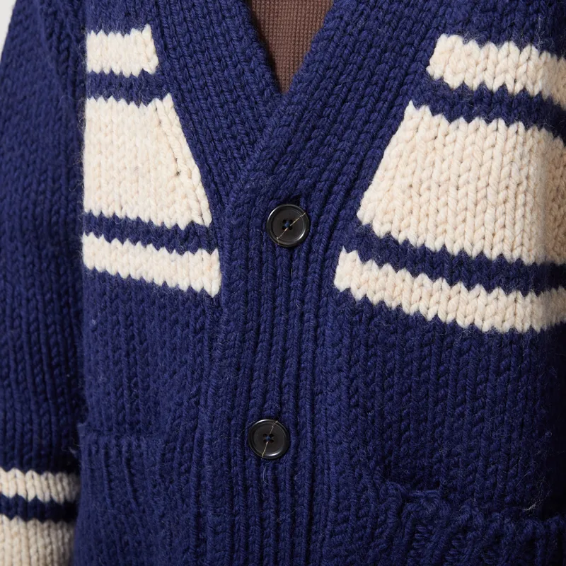 Universal Works Langdale Cardigan Navy Chunky Knit Stripe-5