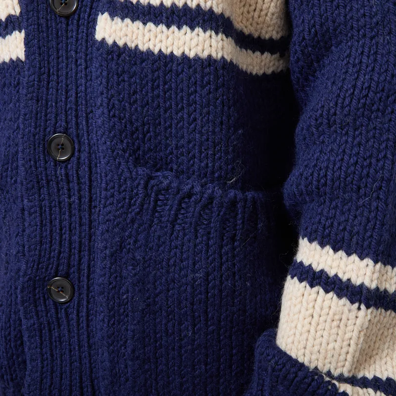 Universal Works Langdale Cardigan Navy Chunky Knit Stripe-7