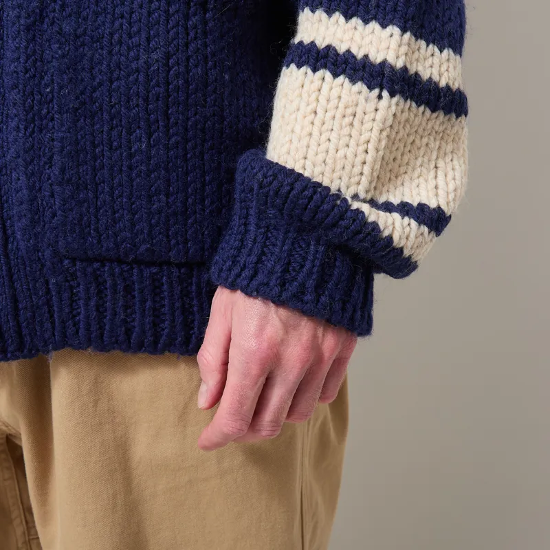 Universal Works Langdale Cardigan Navy Chunky Knit Stripe-9