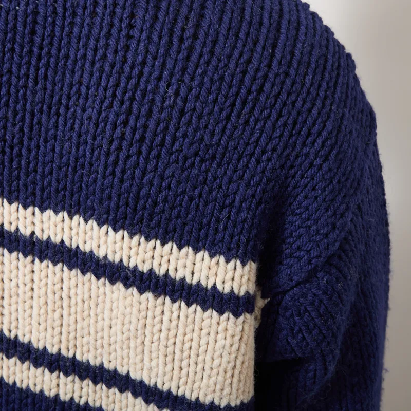 Universal Works Langdale Cardigan Navy Chunky Knit Stripe-8