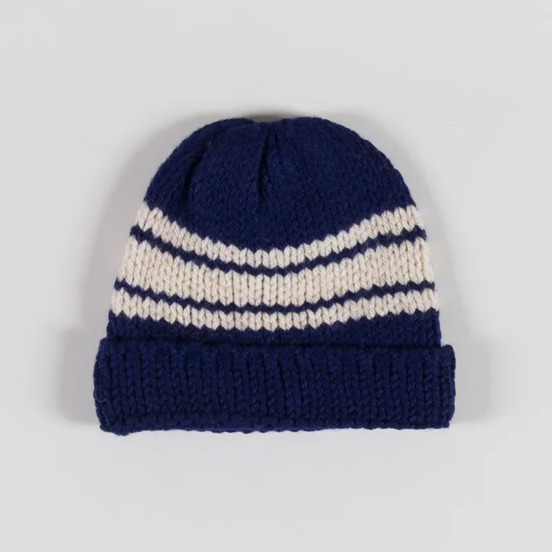 Universal Works Lenny Hat Navy Chunky Knit Stripe
