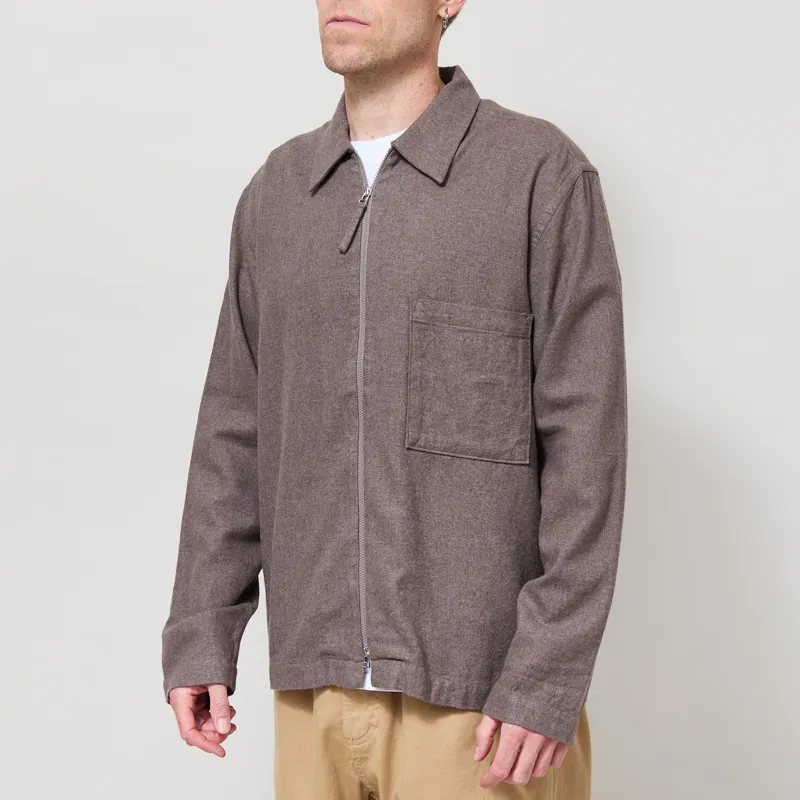 Universal Works Zip Shirt Brown Monty Cot Tencel-1