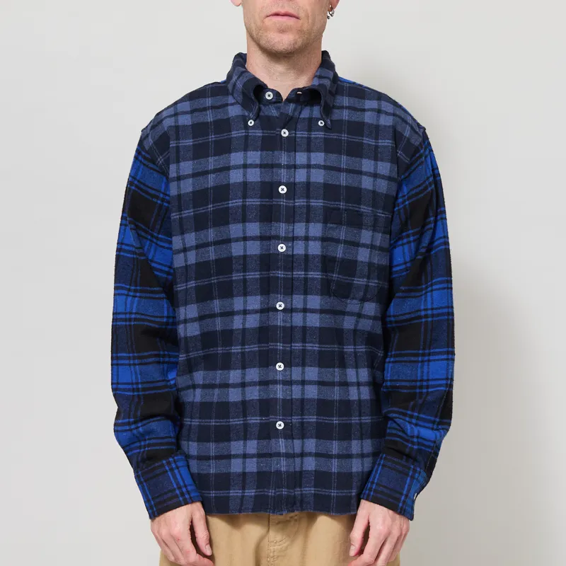 Universal Works Lazy Day Shirt Brush Panel Check 1 Navy Blue