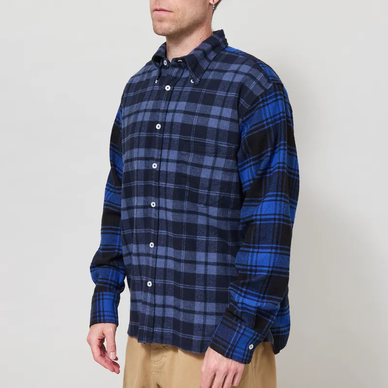 Universal Works Lazy Day Shirt Brush Panel Check 1 Navy Blue-1