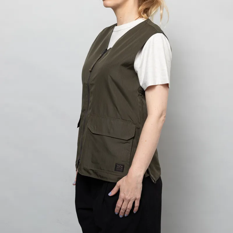 Taion Womens Non Down Military Reversible V Neck Vest Dark Olive-1