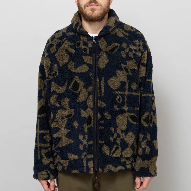 Wax London Tate Fleece Jacket Navy Khaki Shapes Jacquard
