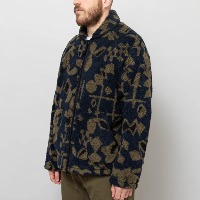 Wax London Tate Fleece Jacket Navy Khaki Shapes Jacquard-3
