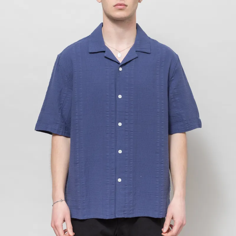 Wax London Didcot Shirt Dark Blue Double Weave Seersucker