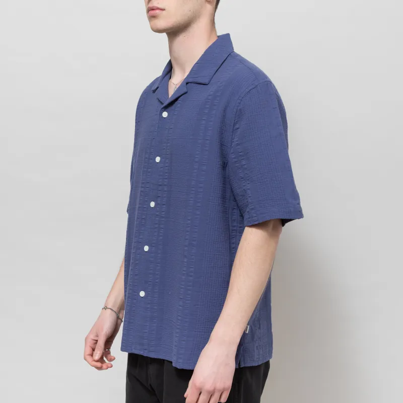 Wax London Didcot Shirt Dark Blue Double Weave Seersucker-1