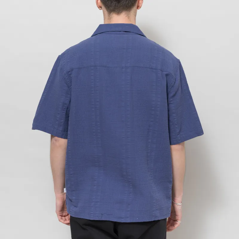 Wax London Didcot Shirt Dark Blue Double Weave Seersucker-2