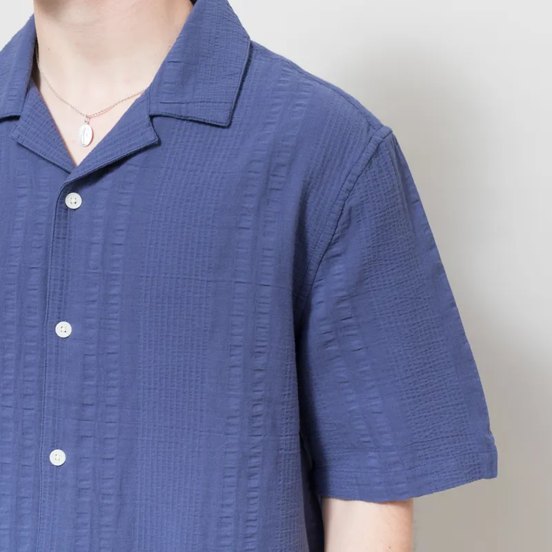 Wax London Didcot Shirt Dark Blue Double Weave Seersucker-3