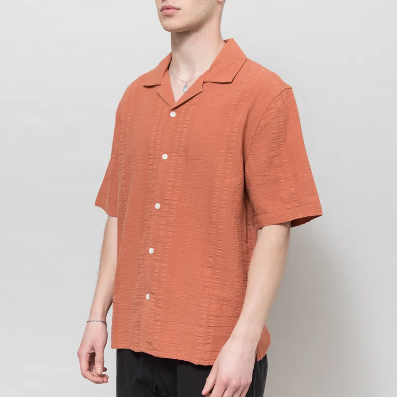 Wax London Didcot Shirt Rust Double Weave Seersucker-1