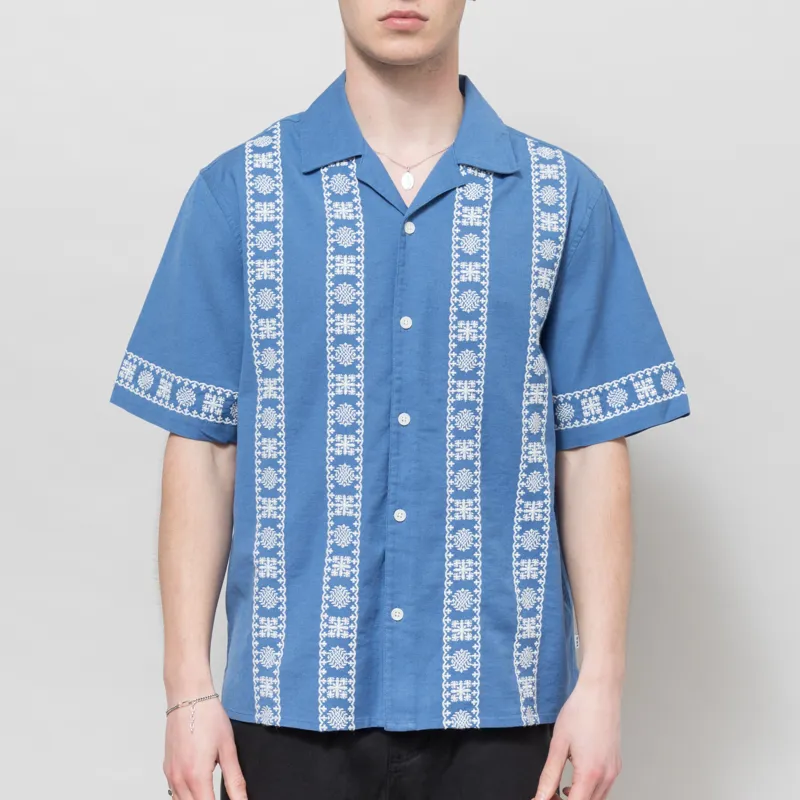 Wax London Embroidered Didcot Shirt Blue Ecru 