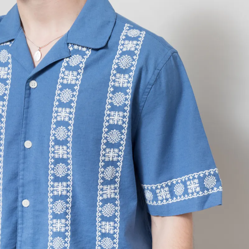 Wax London Embroidered Didcot Shirt Blue Ecru -3