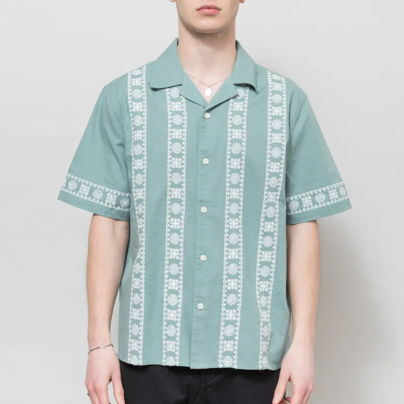 Wax London Embroidered Didcot Shirt Sea Green Ecru