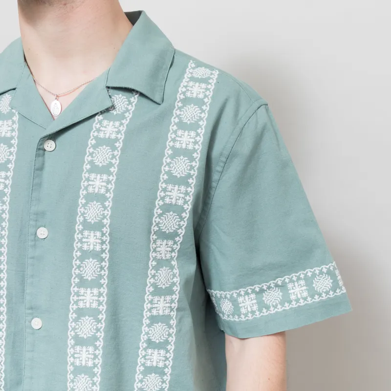 Wax London Embroidered Didcot Shirt Sea Green Ecru-3