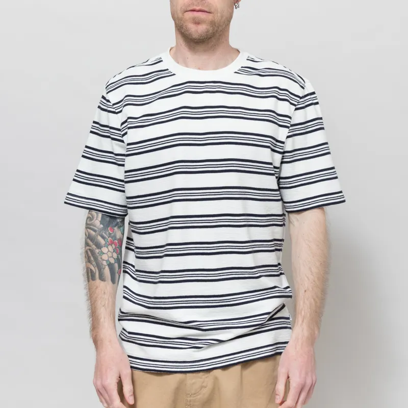 Wax London Dean Textured Stripe T Shirt Ecru Navy