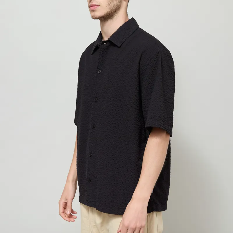 Wax London Keats Shirt Black Cotton Seersucker-1