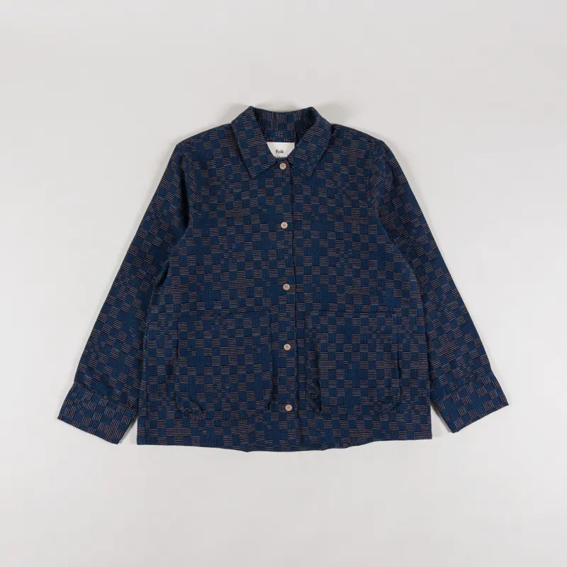 Folk Womens Pleated Overshirt Indigo Broken Checkerboard-4