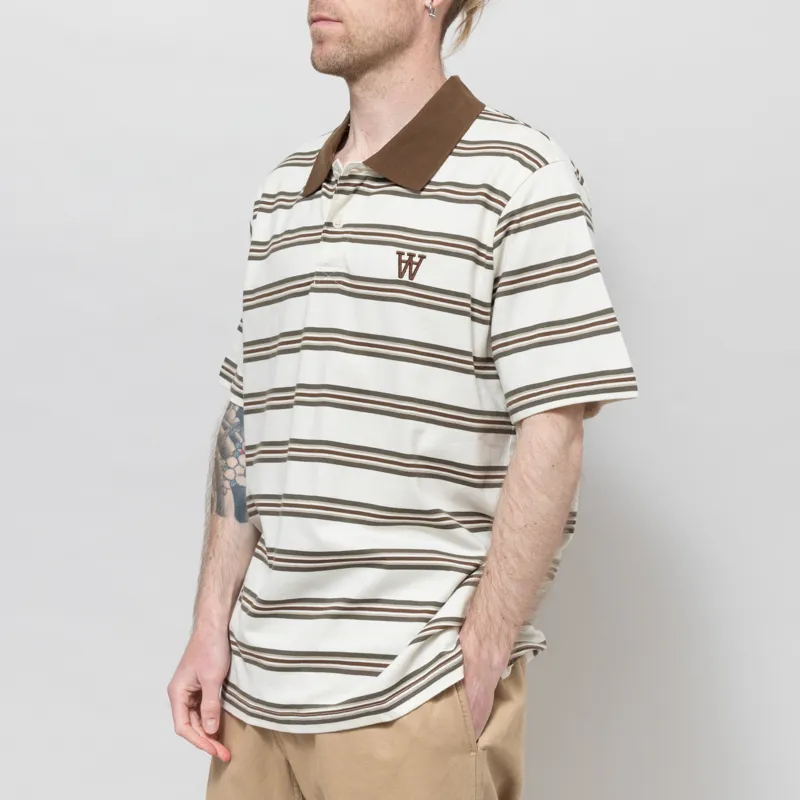 Double A by Wood Wood Colton Polo Shirt Desert Palm Stripe Brown-1