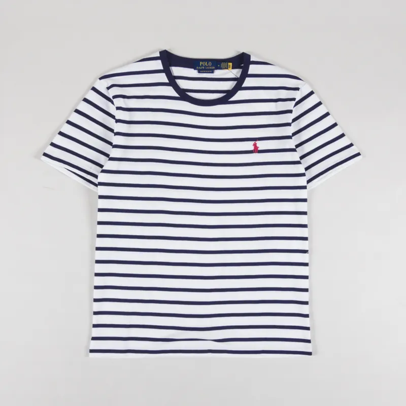 Polo Ralph Lauren Custom Slim Fit Striped Jersey T Shirt White Newport Navy