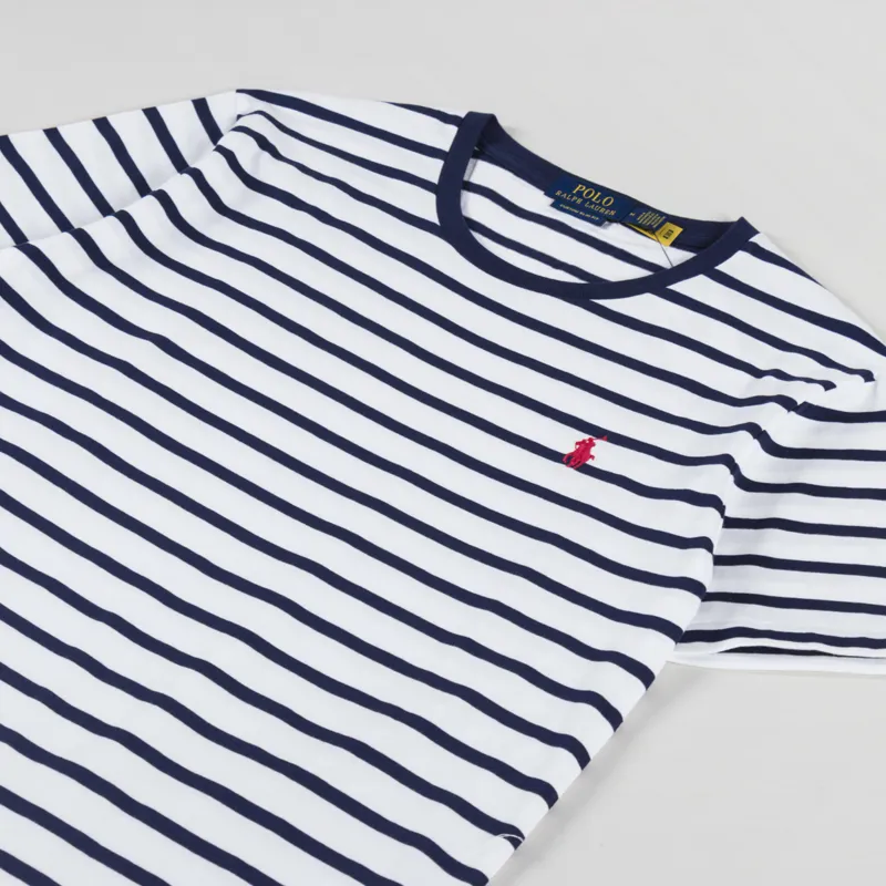Polo Ralph Lauren Custom Slim Fit Striped Jersey T Shirt White Newport Navy-1