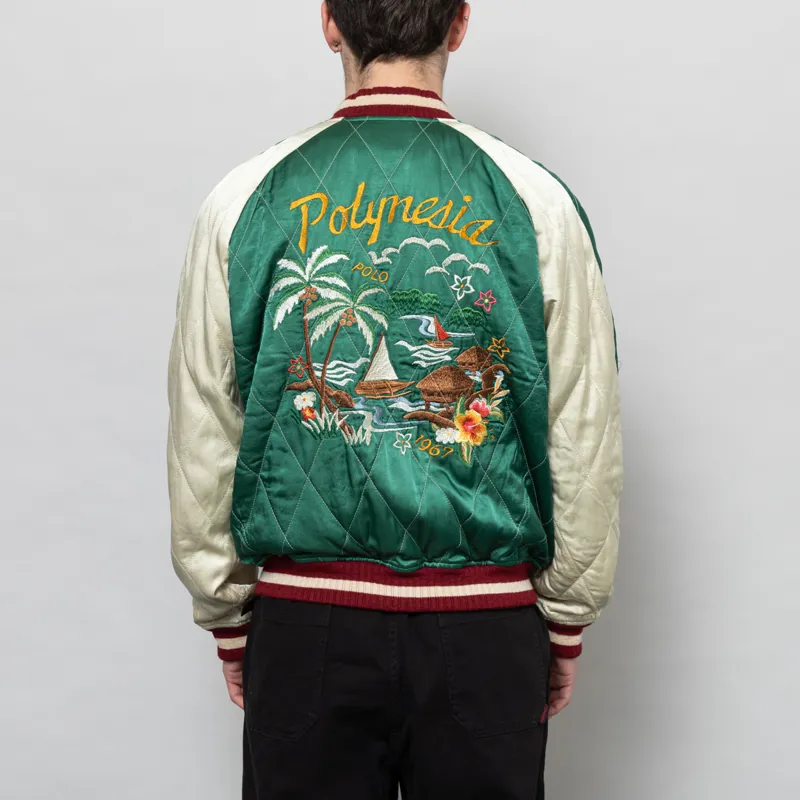 Polo Ralph Lauren Embroidered Satin Jacket Green Cream Multi-3