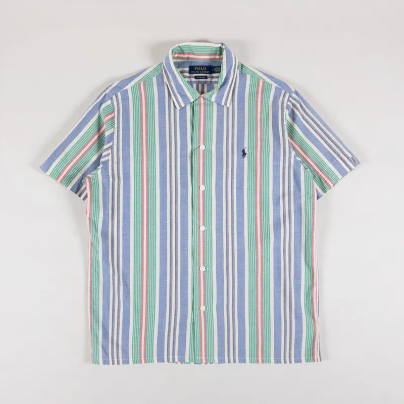 Polo Ralph Lauren Striped Chambray Camp Shirt Blue Green Multi