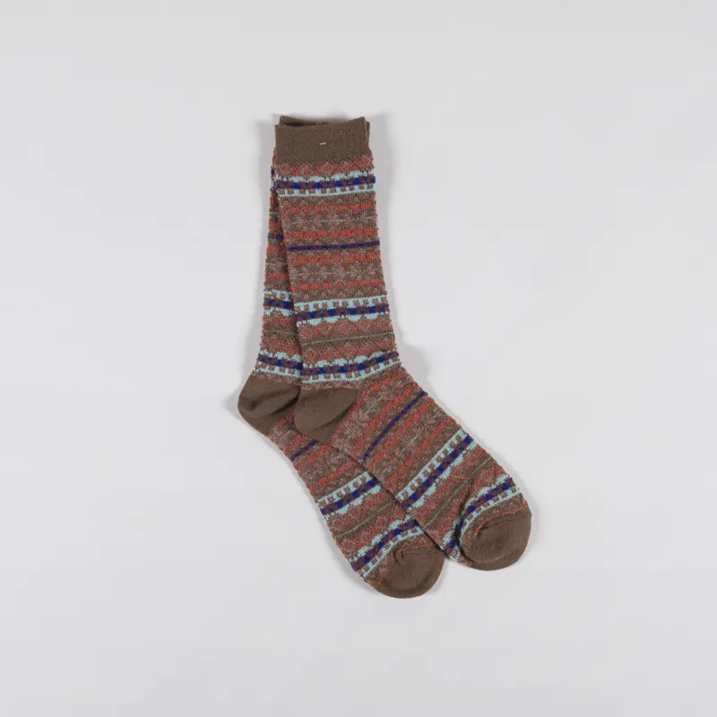 Anonymous Ism Reverse Fairisle Jacquard Crew Socks Brown